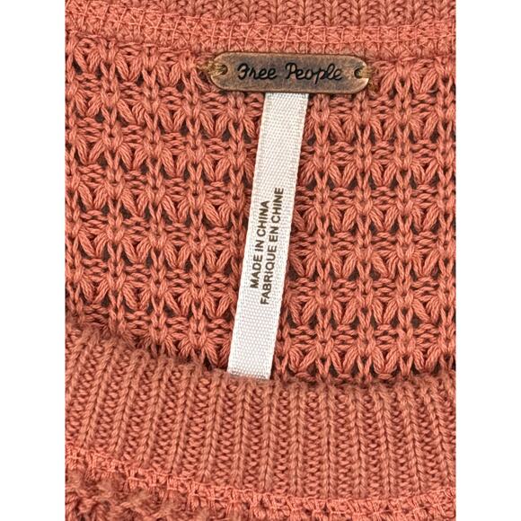 Free People Women’s L Pale Orange Sunrise Cold Shoulder Oversized Waffle Sweater - Picture 4 of 6